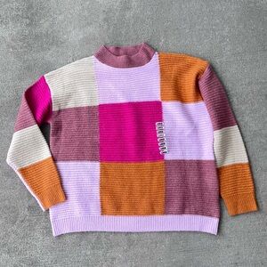 Bibi multi colored checkered sweater pink orange color block NWT